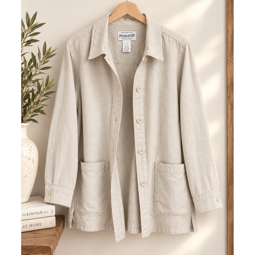 Pendleton Women Large 100% Linen Button Front Shirt Jacket Beige Neutral Pockets